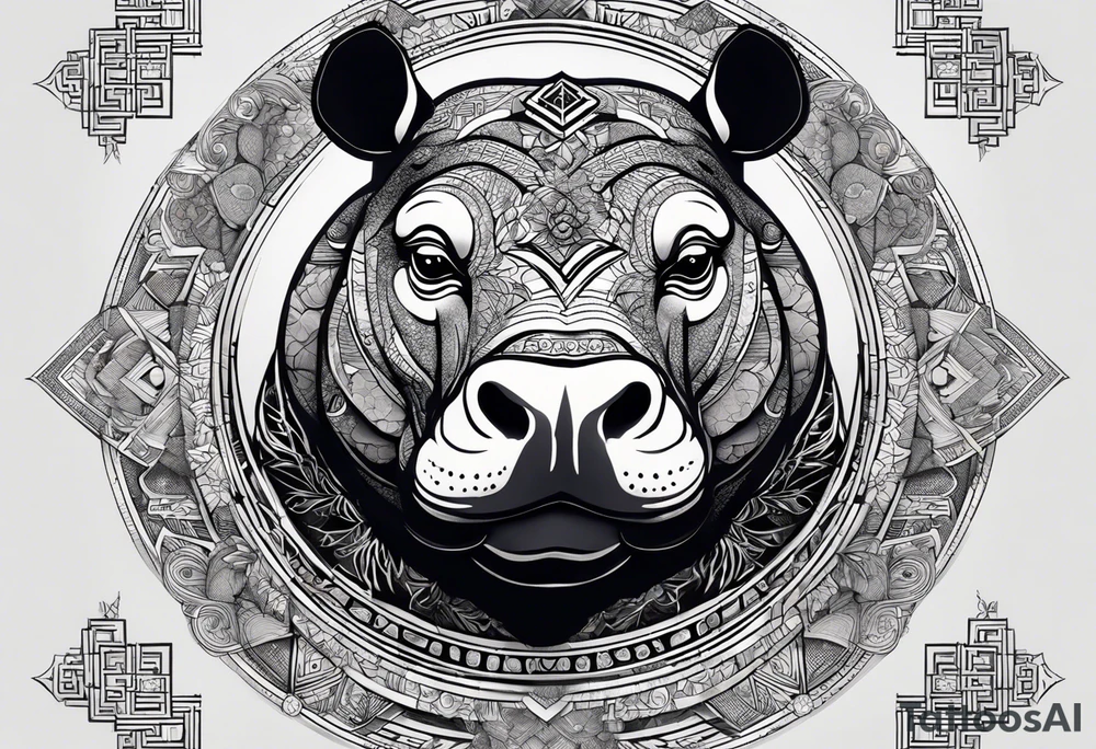 Very asymmetrical, +geometric pattern, with realistic full moon, with serious looking hippo, +zen feel, + Buddhism touch, +tribal, +geometric, +chinese inkart 
with wintersweet flower bud, +portrait orientation, +inkart touch, tattoo idea