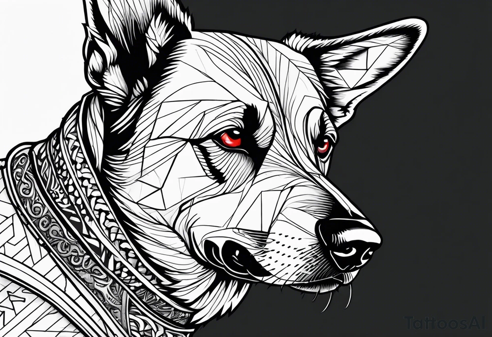 Create aggressive, vicious dog, with some blood coming out of his mouth and saliva. Make it a drawing and use the image of reference. I am going to add. I want HIM TO BE ANGRY WITH RED EYES use VICIOUS German shepherd tattoo idea