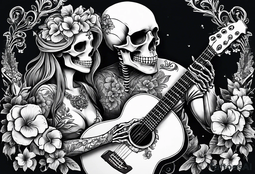 a female and male skeleton in love. The female has hibisucs flowers and the male is playing the guitar tattoo idea