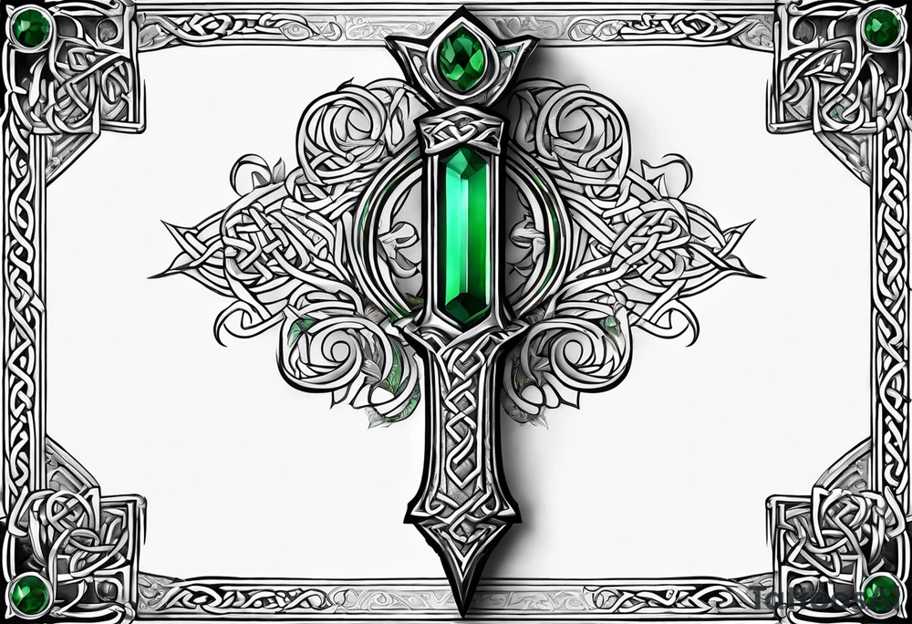 A Celtic dagger with an oak hilt turned upright and emerald gemstones on it tattoo idea