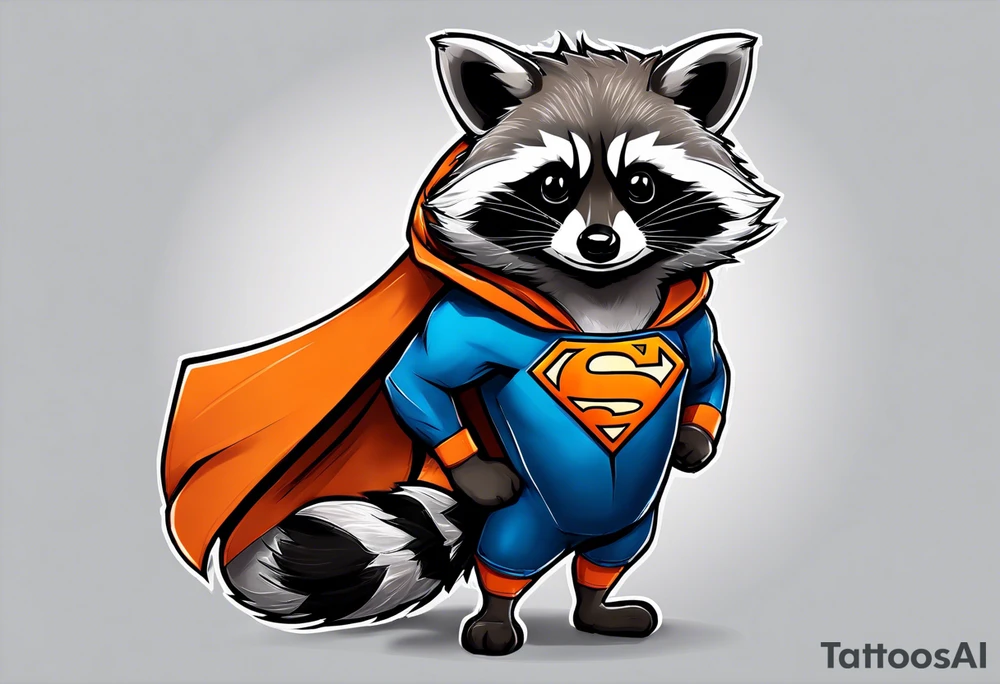 Raccoon wearing an orange Superman hoodie tattoo idea