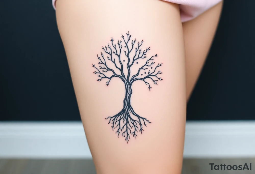 mystical tree of life with cosmic roots and celestial branches tattoo idea