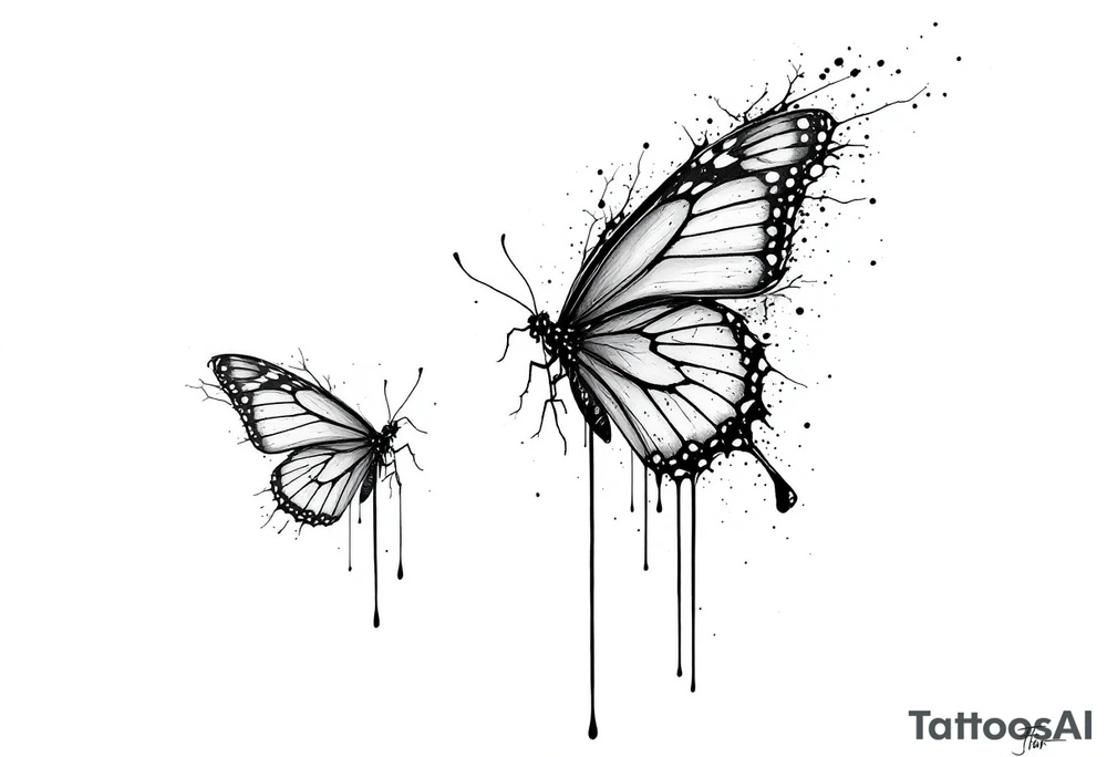 Bleeding butterfly and a second one who is in mental horror style and his placement is left and down from the first one tattoo idea