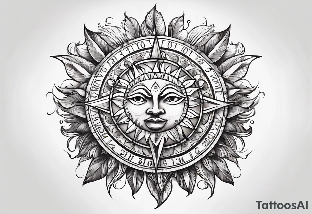 feathered calendar sun stone tattoo idea
