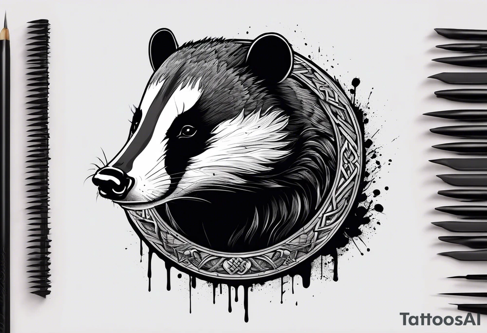 Draw me hunting badger with aggressive full body, killer face with a smile, very long nails and he attacks like a Turkish gladiator to enemy and also he has very deadly looking. The only weapon is his braveness he fights with his nails. Everybody scares after their first sight. And horror type Badger this is. tattoo idea