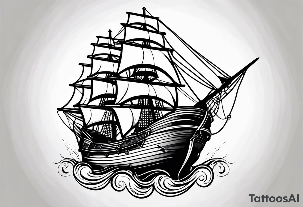 large and dark wooden ship facing left 2 dimensional tattoo idea