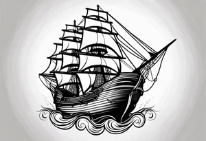 large and dark wooden ship facing left 2 dimensional tattoo idea