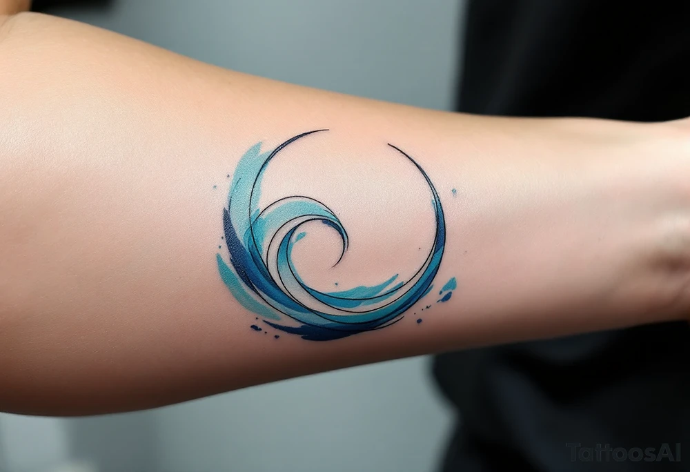 A minimalist Aquarius symbol, surrounded by soft watercolor waves in hues of turquoise, indigo, and silver. tattoo idea
