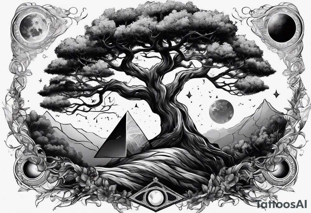tree growing from book with branches containing triangle portals to other worlds tattoo idea