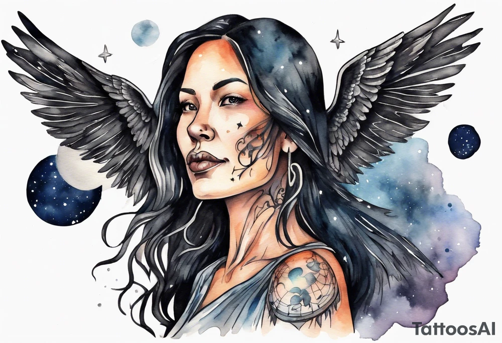 a beautiful 45 year old Dakota woman flying in the night sky with black wings tattoo idea