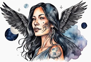 a beautiful 45 year old Dakota woman flying in the night sky with black wings tattoo idea
