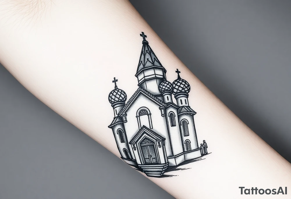 in a dorsal view a detailed medium sized country style russian orthodox church with onion domes and a band at the front with mist shrouding the top and fading into a virgin mary overlooking above at the top tattoo idea
