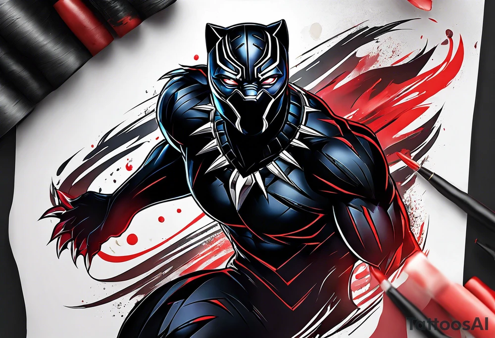unique black panther tattoo, dynamic pose, showcasing its strength and grace, striking red eyes, intense and captivating elements, artistic flair, blending realism with abstract elements tattoo idea