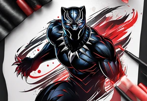 unique black panther tattoo, dynamic pose, showcasing its strength and grace, striking red eyes, intense and captivating elements, artistic flair, blending realism with abstract elements tattoo idea