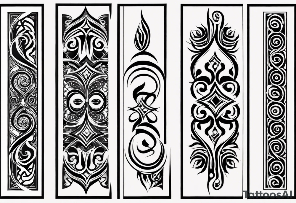 Create a tribal tattoo design featuring bold, intricate patterns with sharp, flowing lines. The design should have a symmetrical and dynamic appearance, incorporating elements such as curves, spirals, and abstract shapes. The tattoo should convey a sense of strength and power, suitable for placement on the upper arm or back. Make sure the patterns are dense and interconnected, creating a cohesive and striking visual impact. tattoo idea