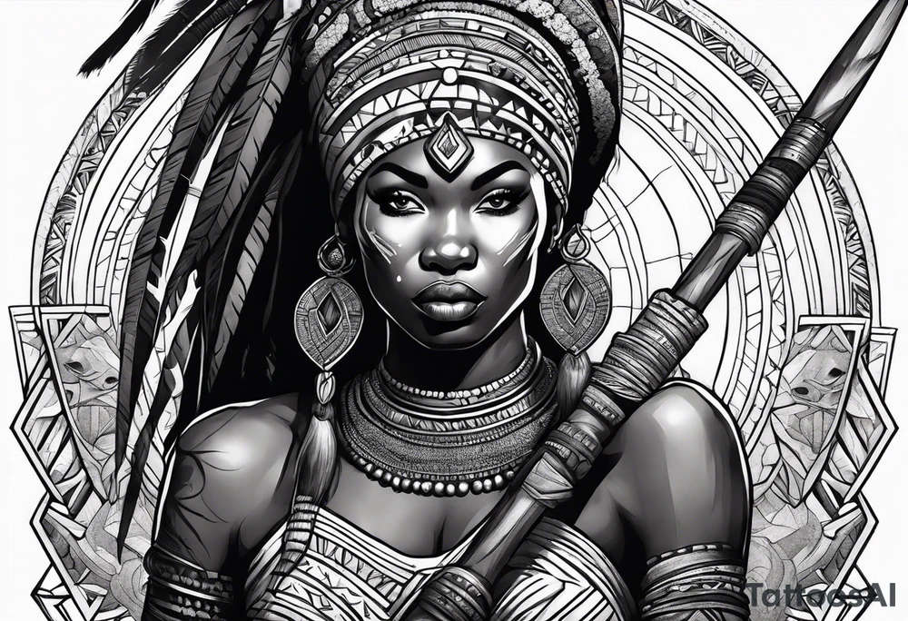 African woman warrior with tribe scars holding a spear with animals in the background tattoo idea