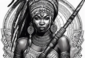 African woman warrior with tribe scars holding a spear with animals in the background tattoo idea