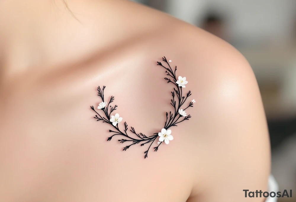 Minimalist Black and White Wreath – A simple yet striking wreath design in black ink, with delicate thin leaves and a few small white flowers, focusing on clean lines and contrast. tattoo idea