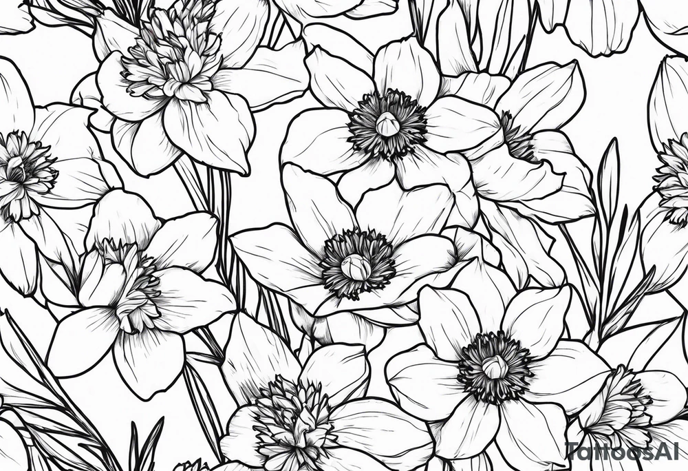 Bouquet including Held together with a bow:
DAFFODIL
JONQUIL
ASTER
MORNING GLORY tattoo idea