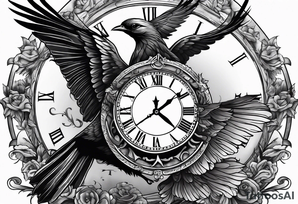 Man with pistol bird flying below and clock below bird tattoo idea