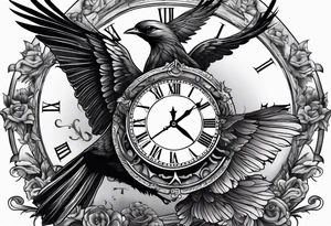 Man with pistol bird flying below and clock below bird tattoo idea