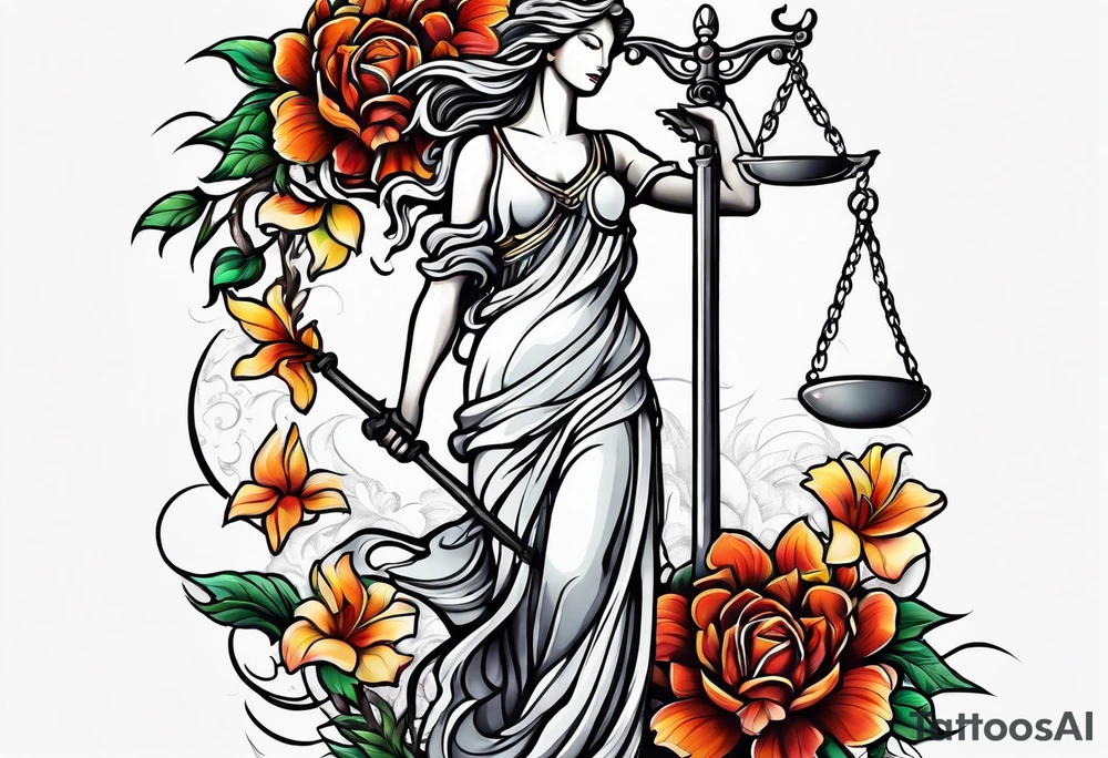 phoenix, lady justice and flowers tattoo idea
