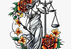 phoenix, lady justice and flowers tattoo idea
