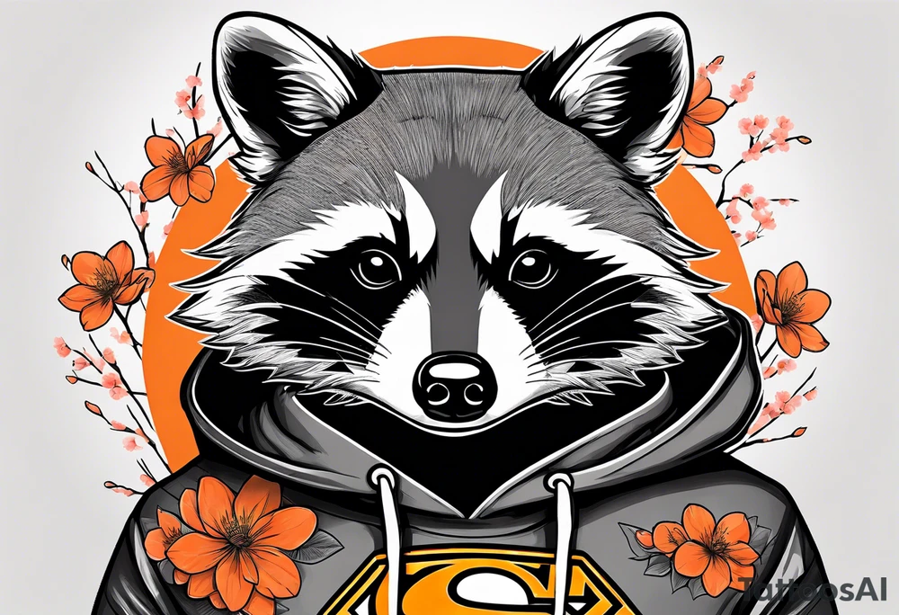 raccoon wearing a black and white Superman hoodie and orange Japanese cherry blossoms tattoo idea