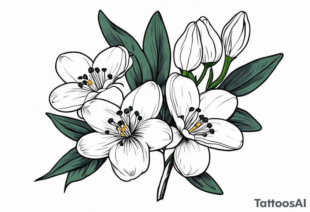 Bouquet with One snowdrop, One hawthorn flower, Two honeysuckle blooms, tattoo idea