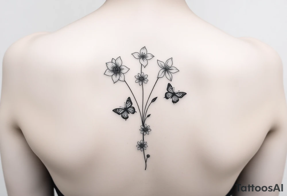 5 flowers 
Water lily, honeysuckle, narcissus, violet and a daisy on top of vertical line

Small butterflies tattoo idea