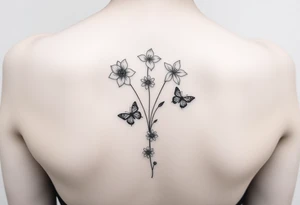 5 flowers 
Water lily, honeysuckle, narcissus, violet and a daisy on top of vertical line

Small butterflies tattoo idea