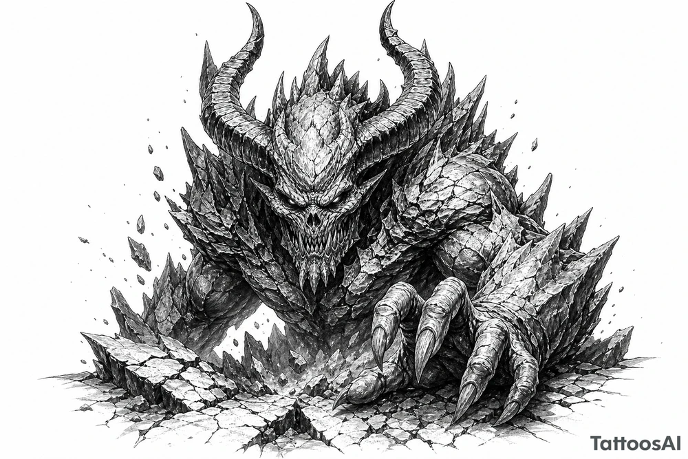 Ancient earth demon emerging from cracked, stony ground. tattoo idea
