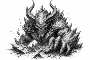 Ancient earth demon emerging from cracked, stony ground. tattoo idea