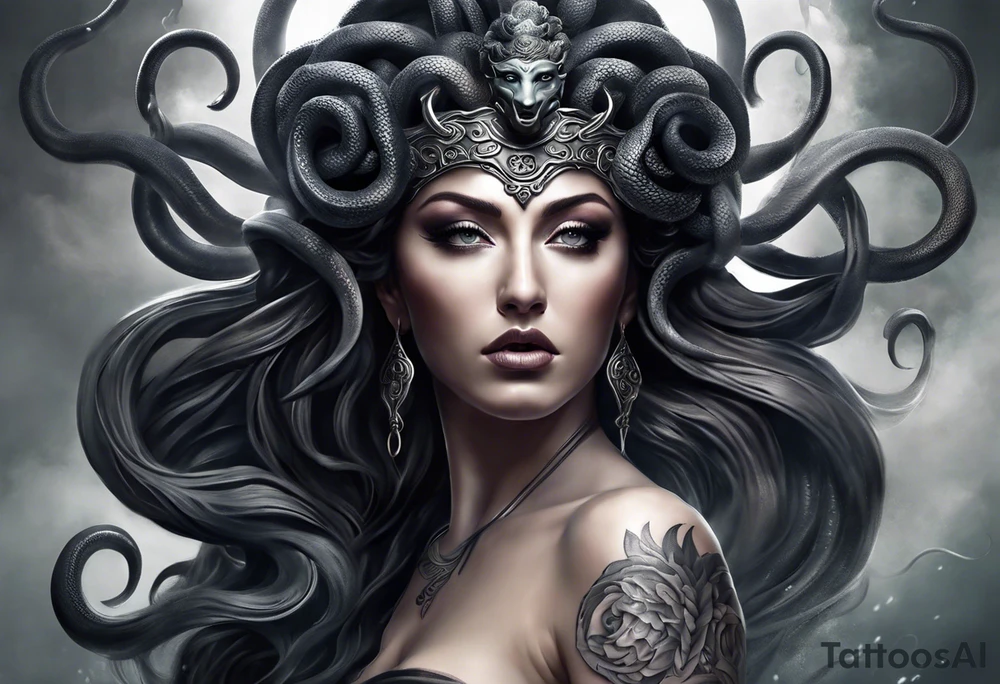 ### Medusa Tattoo Design Concept

**Style:** Realistic with a touch of fantasy.

**Elements:**
1. **Medusa’s Full Body:**
   - **Posture:** Medusa is depicted in a floating, ethereal stance, creating a sense of mystical presence and power.
   - **Eyes:** Her eyes are glowing white, giving her an otherworldly and intense gaze.
   - **Hair:** Green snakes are intricately designed, flowing around her head like a crown. The snakes vary in size and direction to add dynamic movement.
   - **Dress:** She wears a white, sheer dress that flows gracefully, semi-transparent to highlight her form beneath, adding to the ethereal effect.

2. **Additional Details:**
   - **Background:** A subtle, dark gradient or swirling mist to enhance the floating effect and draw focus to Medusa.
   - **Texture and Shading:** Detailed scales on the snakes and delicate folds in the dress, with high contrast shading to highlight the glowing eyes and the sheer nature of the dress.

### Visual Composition:

- **Top Section:** Medusa's head and upper body. The green snakes are prominent, with realistic scales and a vibrant green color. The glowing white eyes are the focal point, drawing immediate attention.
- **Middle Section:** The sheer white dress flows down her body. The dress should have a delicate, almost ghostly appearance, with subtle highlights and shadows to convey the texture and transparency.
- **Bottom Section:** Her lower body and legs, partially visible through the dress, fading into the background mist to enhance the floating illusion. tattoo idea