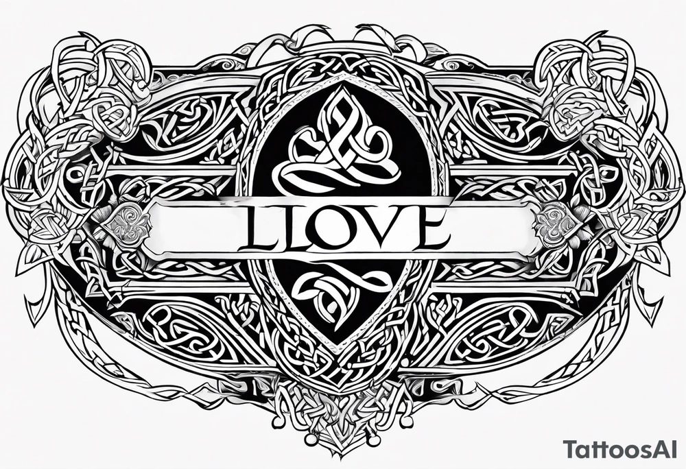 celtic band for around an arm, incorporating the word love, a gryffin tattoo idea