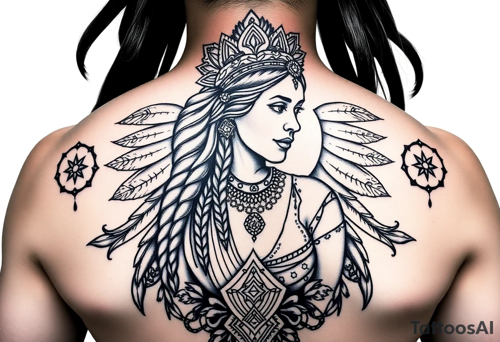 Purepecha princess surrounded by purepecha symbols with hidden tattoo idea