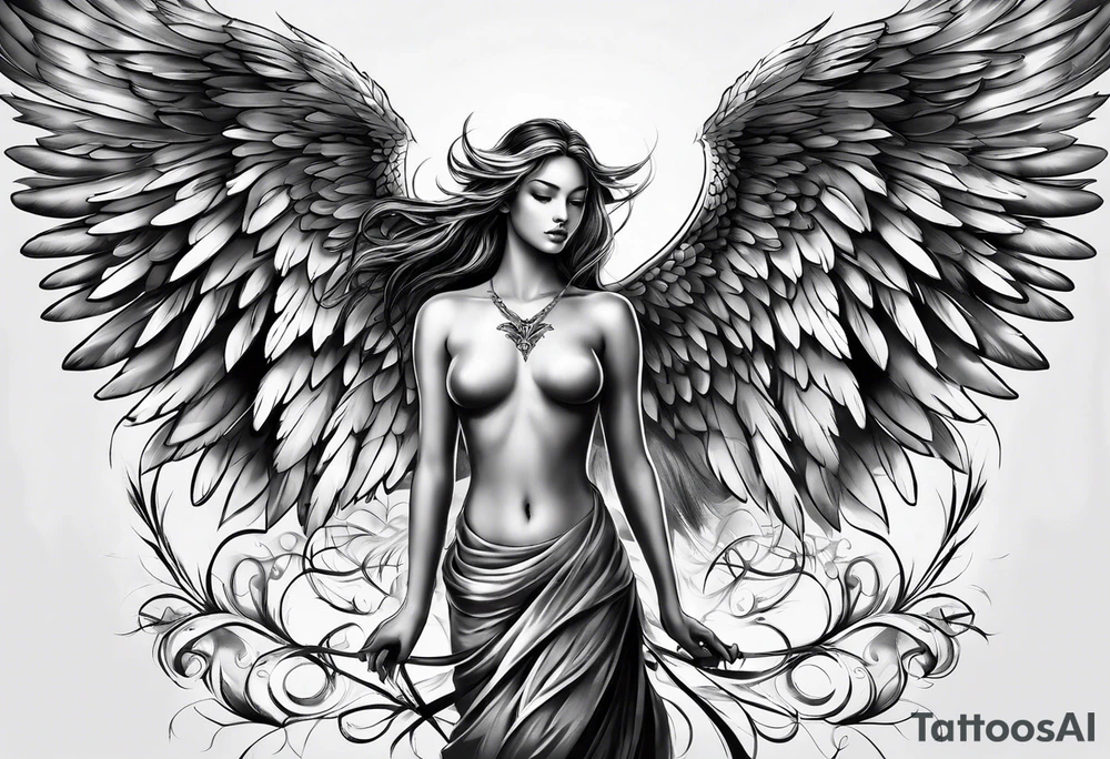 naked angel with big wings tattoo idea