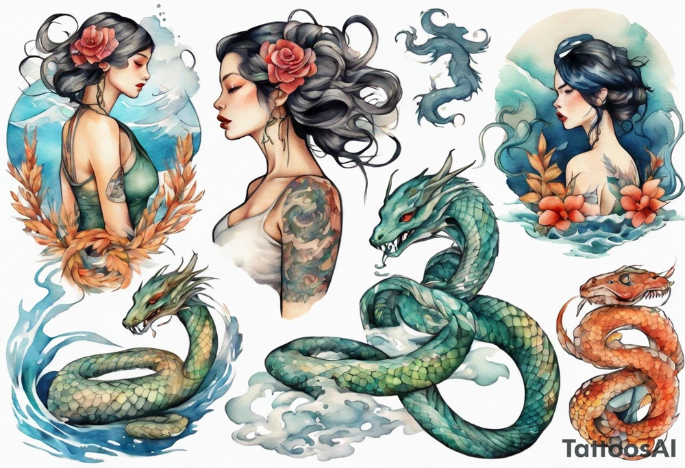 a beautiful woman seas serpent hybrid tattoo idea