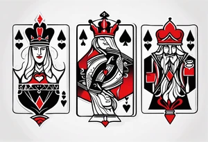 one combined tatto in minimalistic style with icon style three king of spades and icon style one queen of hearts. extreme minimalstic and few lines. much more minimalistic and fewer lines tattoo idea