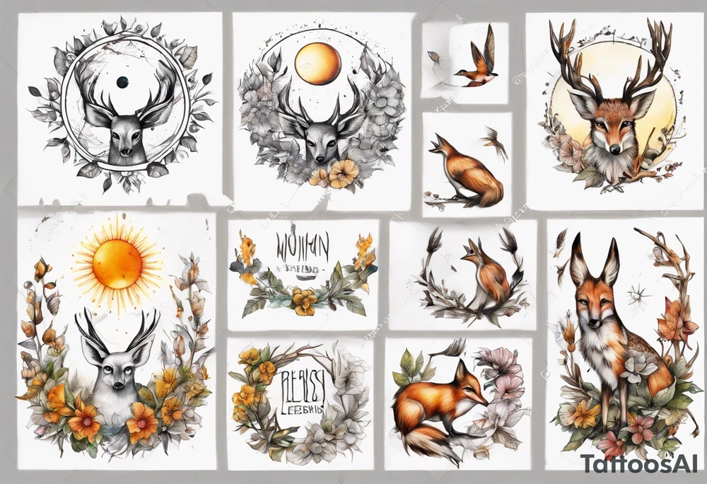wasser, sonne, mond, fuchs, eule kolibri, wald, hirsch, blume des lebens, 
baum, berlin tattoo idea