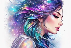 Holographic glitter rain wind crystal cluster dazzling sparkle breathtaking wispy galaxy tattoo idea