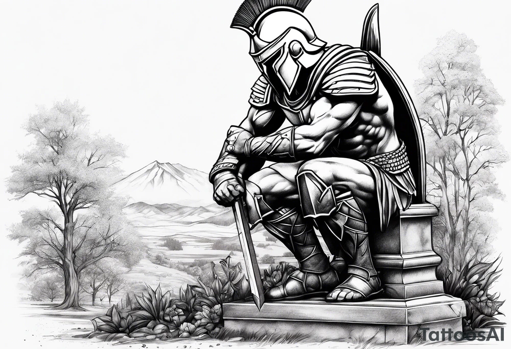 Spartan kneeling on a grave tattoo idea