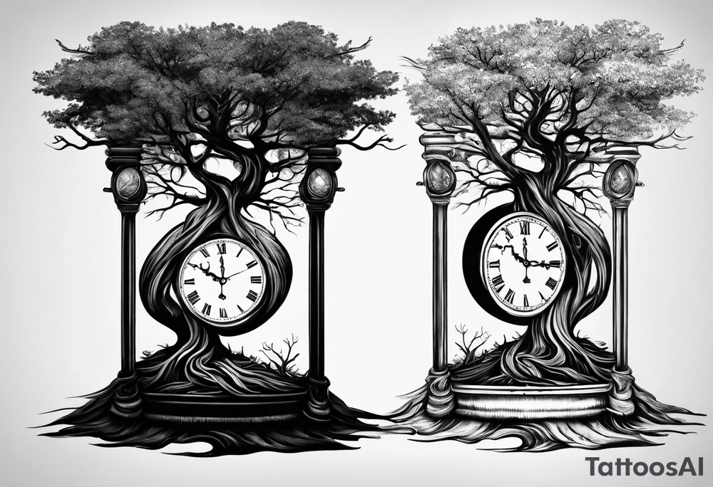 tree with the roots of the tree wrapped around the a hour glass
the hour glass is below the tree tattoo idea