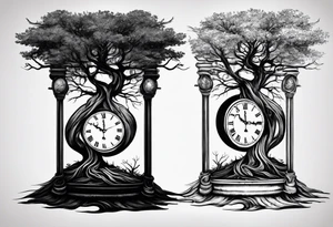 tree with the roots of the tree wrapped around the a hour glass
the hour glass is below the tree tattoo idea