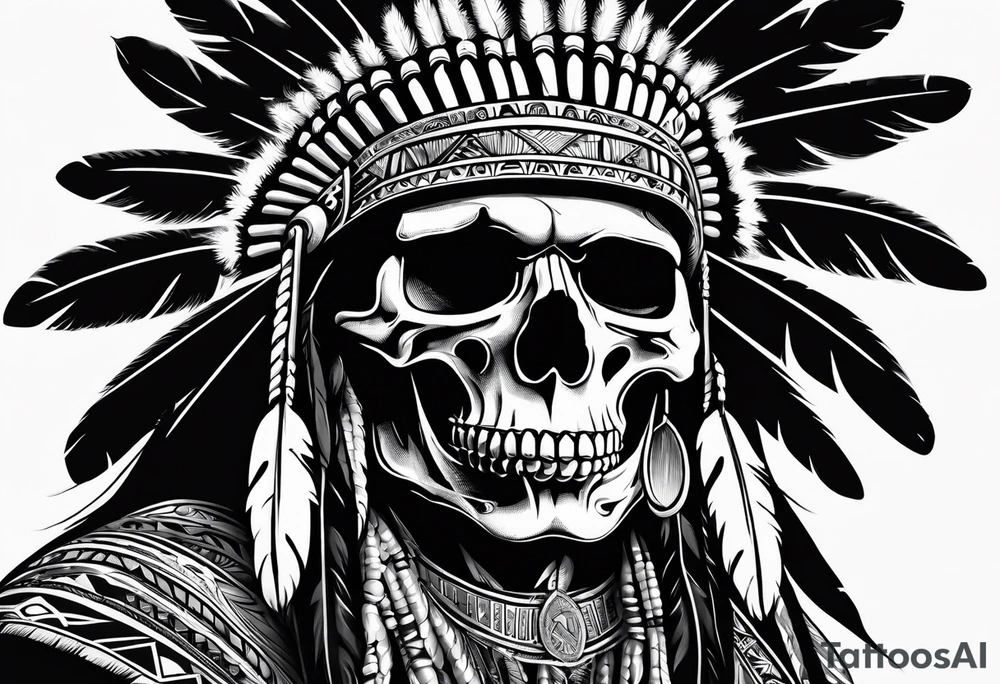 Native American warn chief skull with bonnet tattoo idea