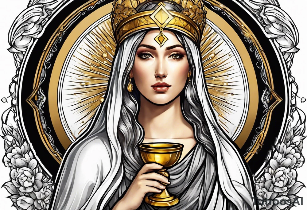 holy saint woman with golden halo holding a chalice tattoo idea