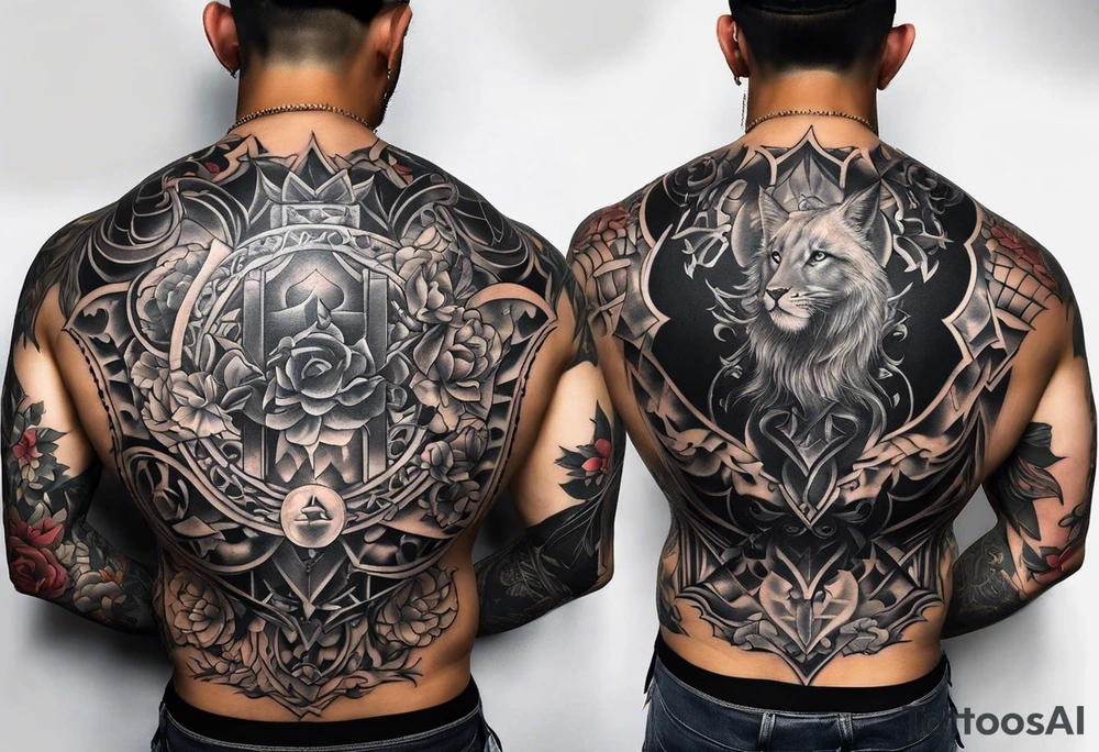 A tattoo that is placed on the upper back of a male. It should represent catholic religion, discipline, pain and the love to animals. tattoo idea