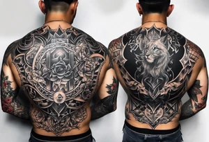 A tattoo that is placed on the upper back of a male. It should represent catholic religion, discipline, pain and the love to animals. tattoo idea