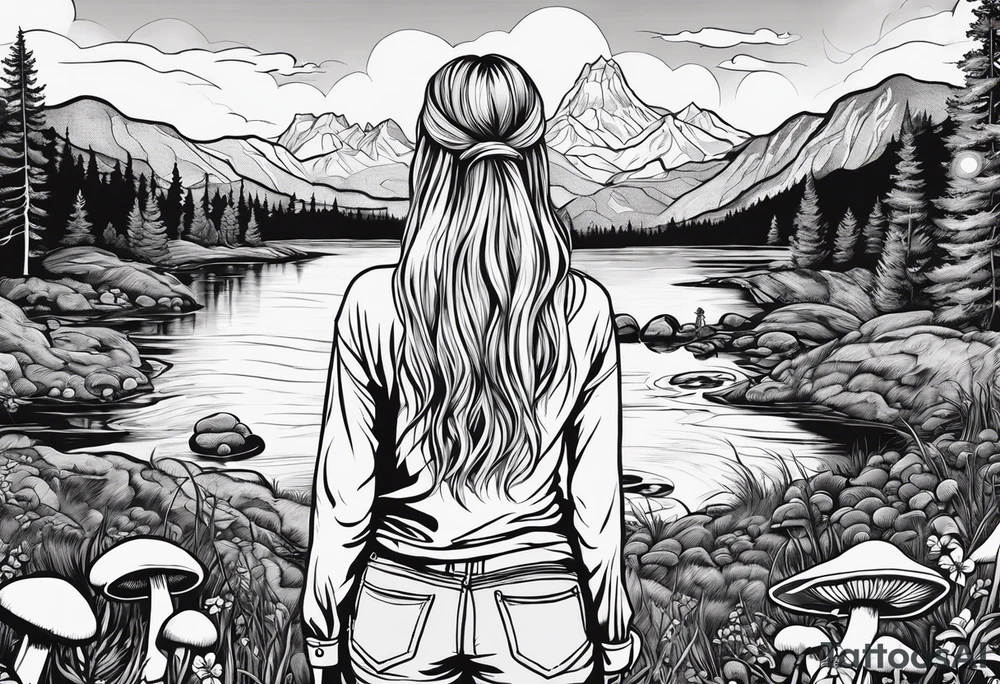 Whole picture encircled fully

Straight long blonde hair hippie girl in distance holding mushrooms in hand facing away toward mountains and creek surrounded by mushrooms long sleeve shirt and hiking pants; whole rendering within a full circle, no cut off circle tattoo idea
