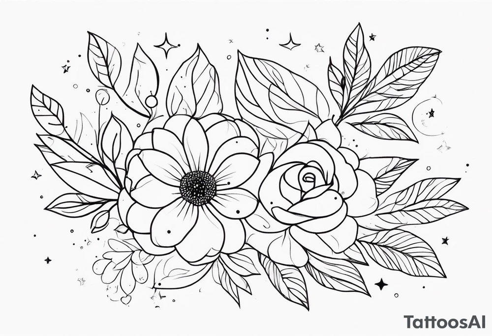 fine line floral with stars, swirls, dots tattoo idea